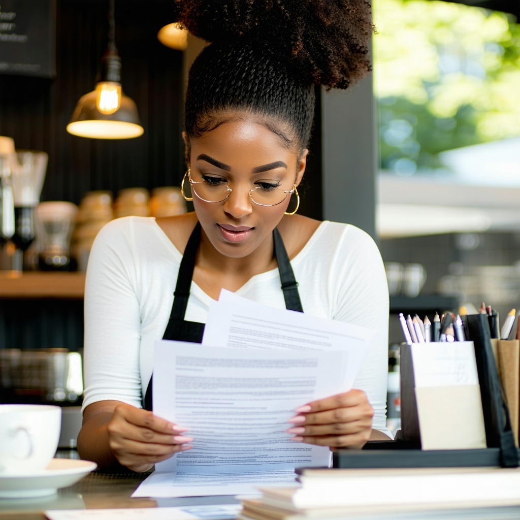 black female cafe owner looking through job applications-3 black female cafe owner looking through job applications-3